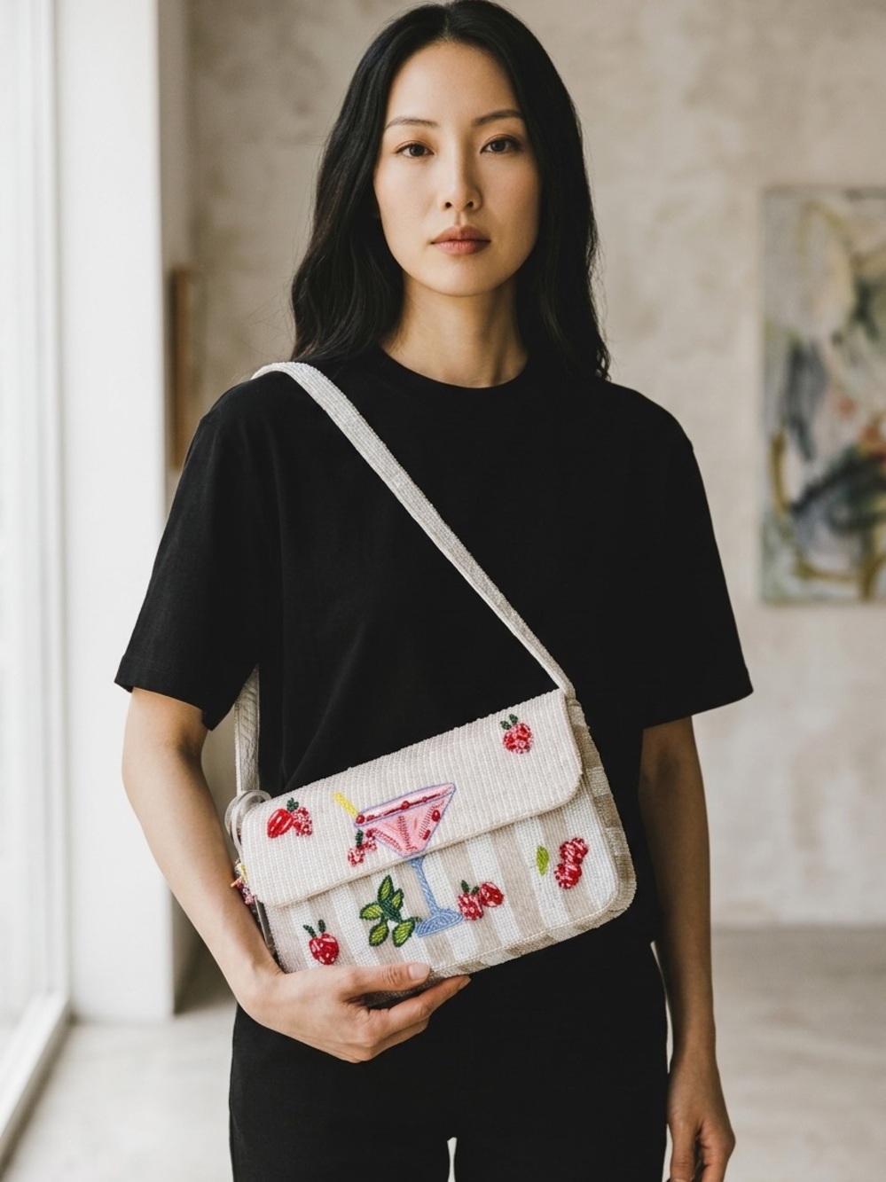 Handmade Beaded Strawberry Cocktail Bag - White